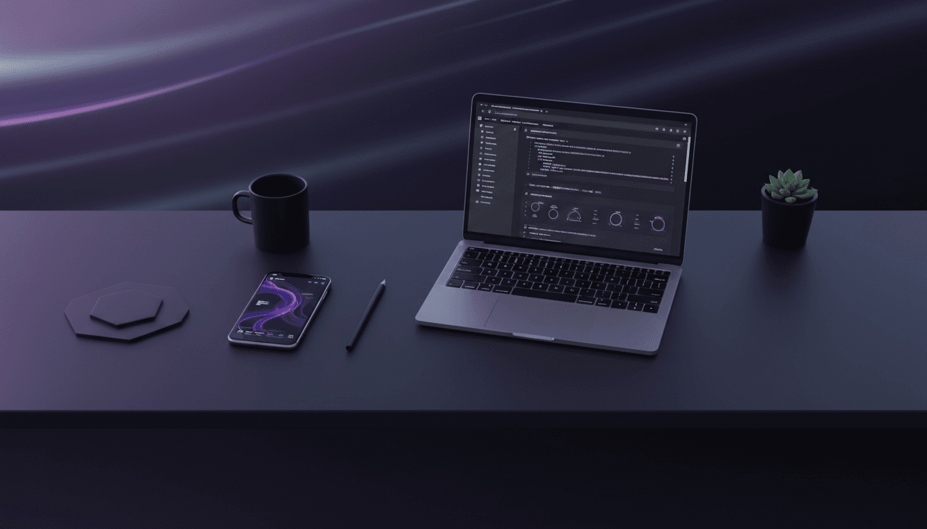 Schermata di sviluppo app mobile aziendale su smartphone e laptop con codice sorgente visibile