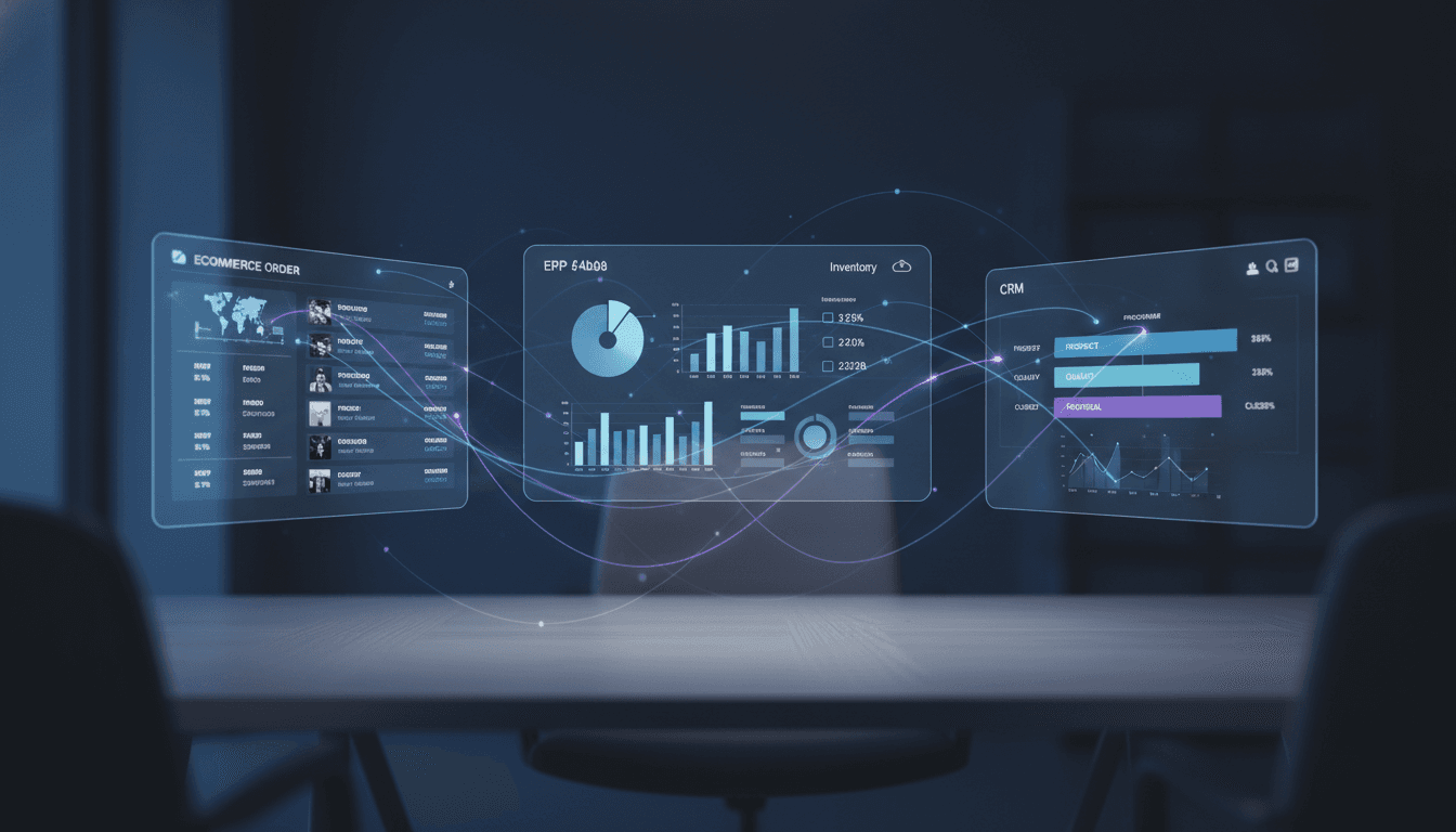 Schema architetturale di integrazione ERP ecommerce CRM con flussi dati tra gestionale, shop online e piattaforma clienti