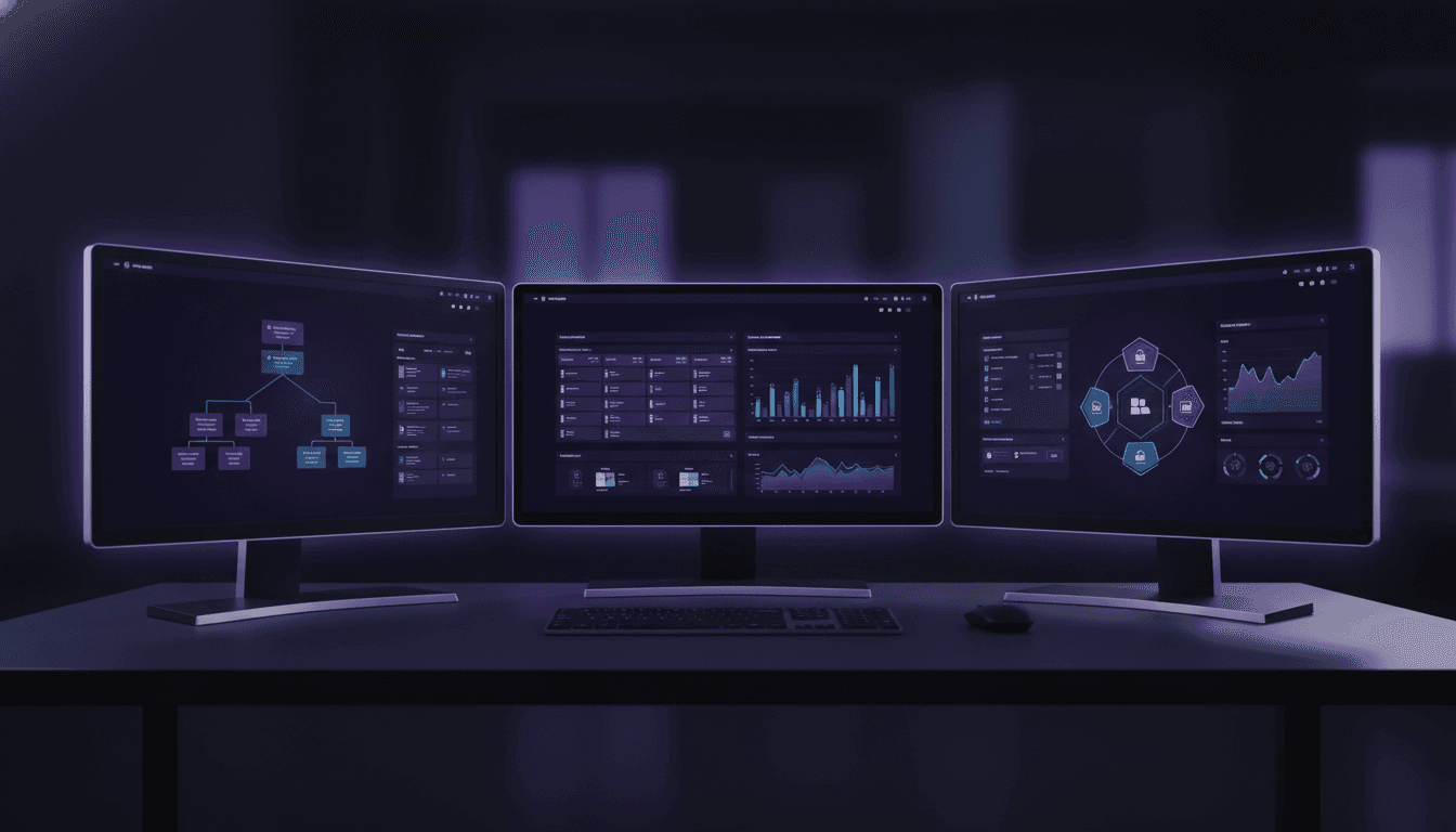 Dashboard di un sistema gestionale aziendale con moduli contabilità, magazzino e CRM su schermo